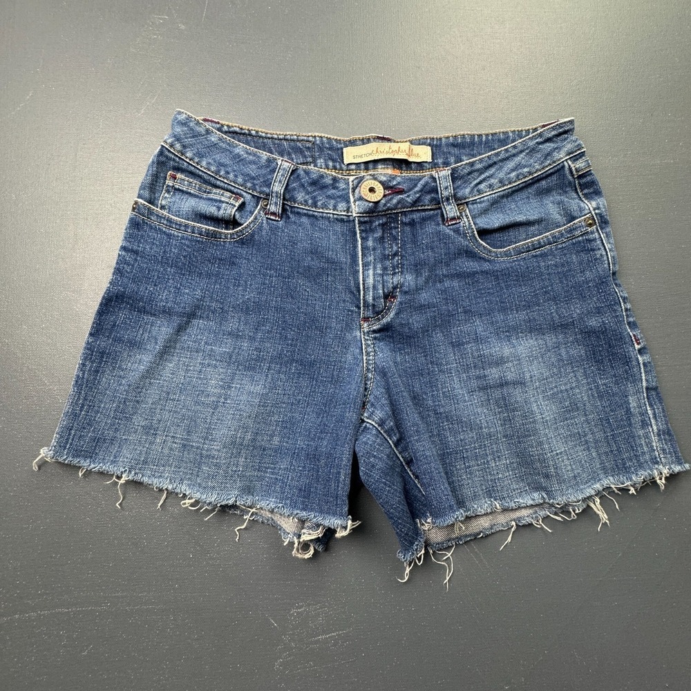 Christopher Blue Denim Shorts Women's 6 Blue Distressed Raw Hem Faded Stretch
